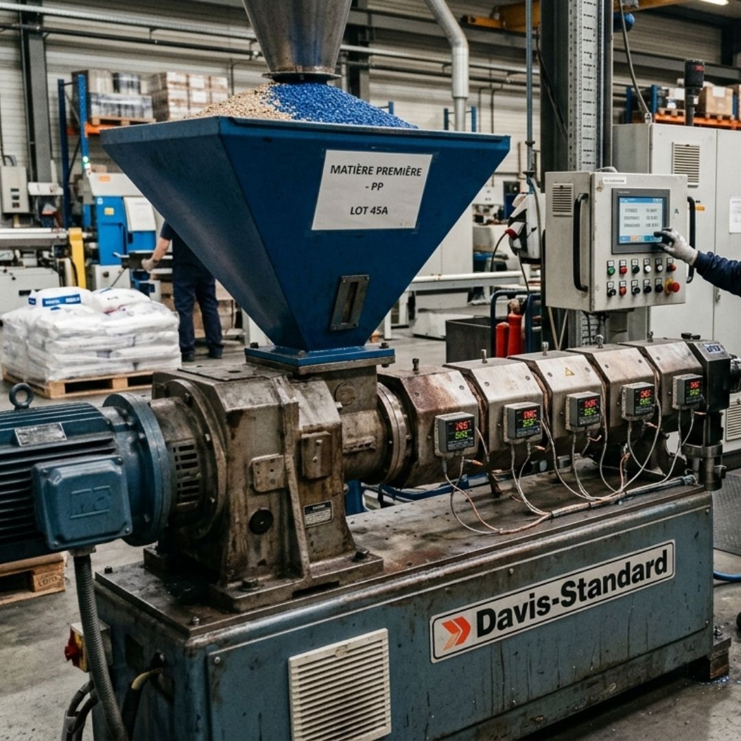 Industrial plastic extruder machine and extrusion process